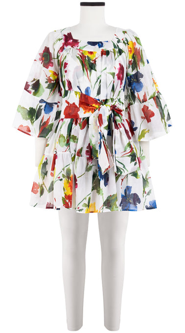 Cozette Dress Square Neck 3/4 Sleeve with Hamilton Belt Mini Length Cotton Musola (Botanic Watercolor)