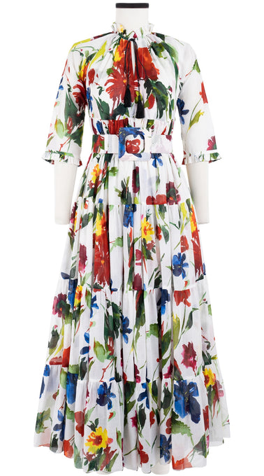 Eden Dress Crew Neck 3/4 Sleeve with Hamilton Belt Maxi Length Cotton Musola (Botanic Watercolor)