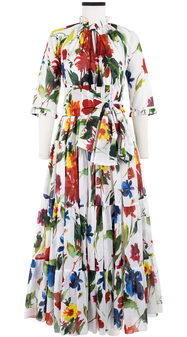 Eden Dress Crew Neck 3/4 Sleeve with Hamilton Belt Maxi Length Cotton Musola (Botanic Watercolor)