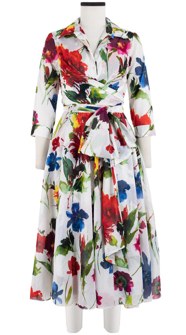 Olivia Dress Shirt Collar 3/4 Sleeve Midi Length Cotton Musola (Botanic Watercolor)