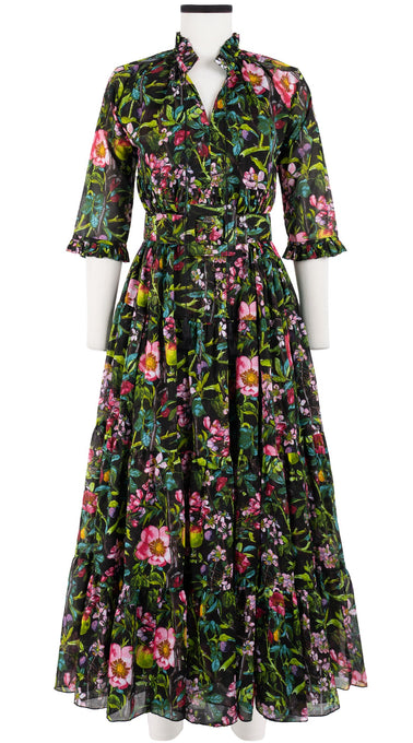 Eden Dress Crew Neck 3/4 Sleeve with Hamilton Belt Maxi Length Cotton Musola (Botanical Makintosh)