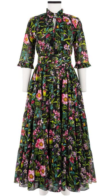 Eden Dress Crew Neck 3/4 Sleeve with Hamilton Belt Maxi Length Cotton Musola (Botanical Makintosh)