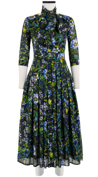 Audrey Dress #4 Crew Neck 3/4 Sleeve Midi Plus Length Cotton Musola (Botanical Makintosh)