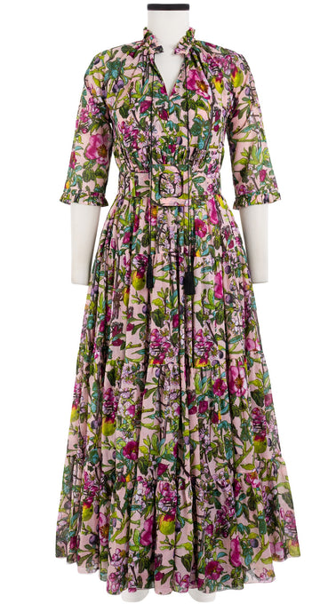 Eden Dress Crew Neck 3/4 Sleeve with Hamilton Belt Maxi Length Cotton Musola (Botanical Makintosh)