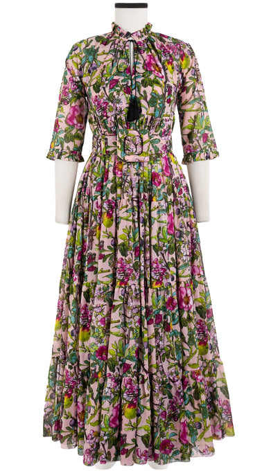 Eden Dress Crew Neck 3/4 Sleeve with Hamilton Belt Maxi Length Cotton Musola (Botanical Makintosh)
