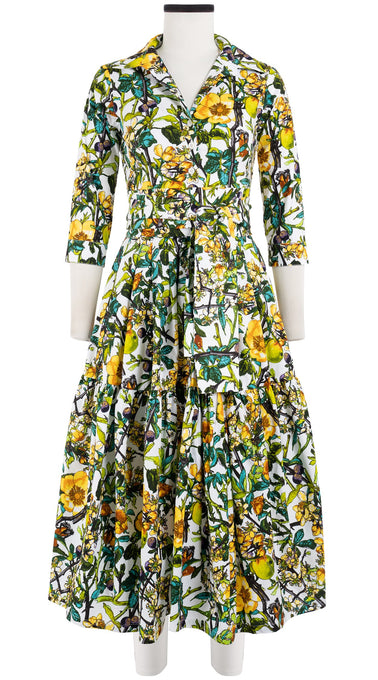 Rose Dress Shirt Collar 3/4 Sleeve Midi Length Cotton Stretch (Botanical Makintosh)