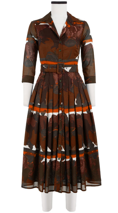 Audrey Dress #4 Shirt Collar 3/4 Sleeve Midi Length Cotton Musola (Brown Poppy)