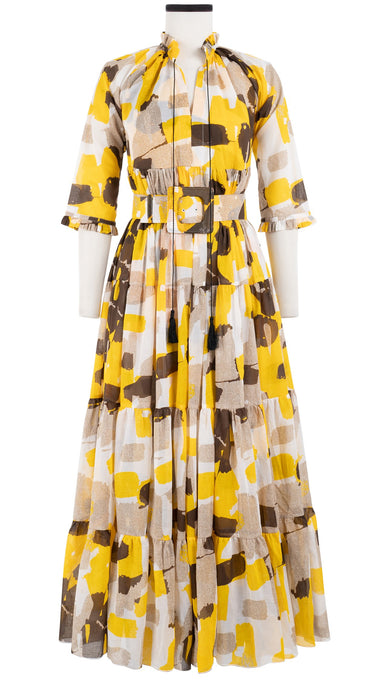 Eden Dress Crew Neck 3/4 Sleeve with Hamilton Belt Maxi Length Cotton Musola (Brush Block Beige)