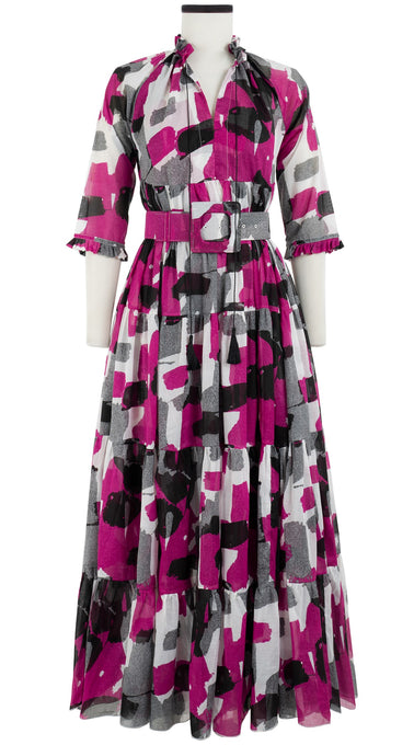 Eden Dress Crew Neck 3/4 Sleeve with Hamilton Belt Maxi Length Cotton Musola (Brush Block White)