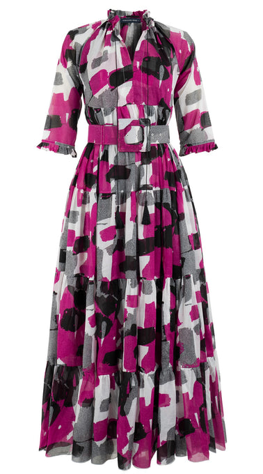 Eden Dress Crew Neck 3/4 Sleeve with Hamilton Belt Maxi Length Cotton Musola (Brush Block White)