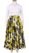 Aster Skirt #1 with Belt Midi Length Cotton Musola (Brush Block White)