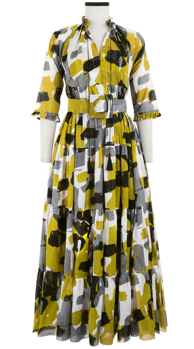 Eden Dress Crew Neck 3/4 Sleeve with Hamilton Belt Maxi Length Cotton Musola (Brush Block White)