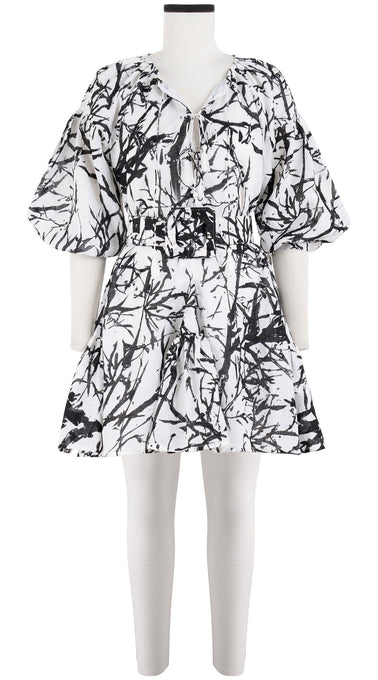 Birdy Dress Crew Neck Slit 3/4 Puff Sleeve with Hamilton Belt Mini Length Cotton Musola (Calligraphy Tree)