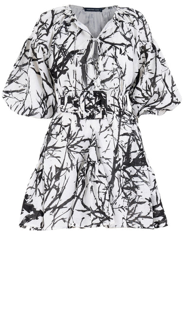 Birdy Dress Crew Neck Slit 3/4 Puff Sleeve with Hamilton Belt Mini Length Cotton Musola (Calligraphy Tree)