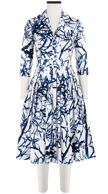 Audrey Dress #2 Shirt Collar 3/4 Sleeve Long Length Cotton Stretch (Calligraphy Tree)