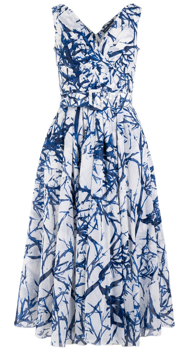 Vivien Dress #1 V Neck Sleeveless Midi Length Cotton Musola (Calligraphy Tree)