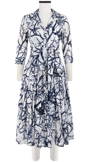 Audrey Dress #4 Shirt Collar 3/4 Sleeve Midi Length Cotton Musola (Calligraphy Tree)