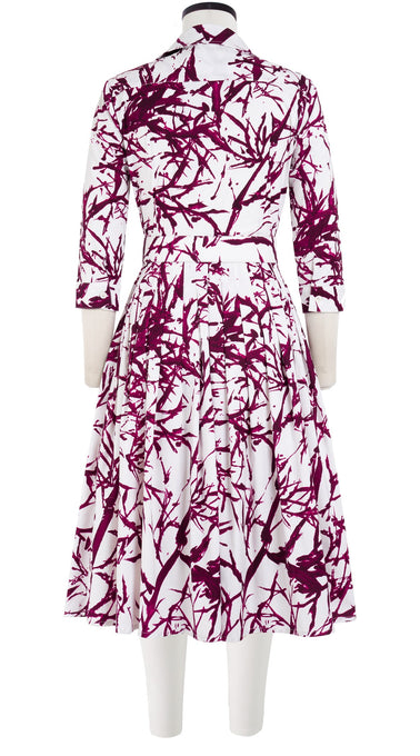 Audrey Dress #2 Shirt Collar 3/4 Sleeve Long Length Cotton Stretch (Calligraphy Tree)