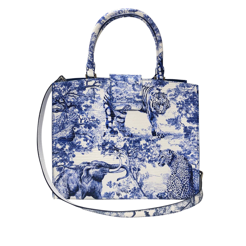 Cara Tote Medium_Safari Toile White_White Cobalt Blue