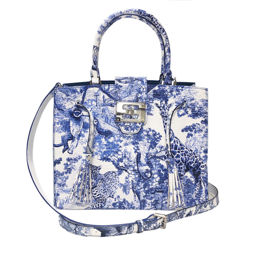 Cara Tote Medium_Safari Toile White_White Cobalt Blue