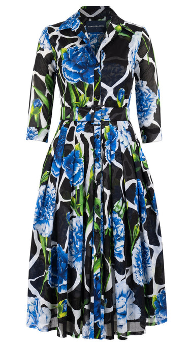 Audrey Dress #4 Shirt Collar 3/4 Sleeve Midi Length Cotton Musola (Carnation Giraffe)