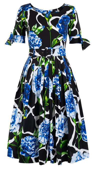 Florance Dress #2 Boat Neck 1/2 Tie Sleeve Long Length Cotton Stretch (Carnation Giraffe)