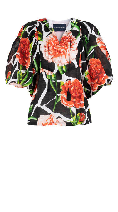 Anastasia Blouse #1 Crew Neck Slit 3/4 Puff Sleeve Linen (Carnation Giraffe)