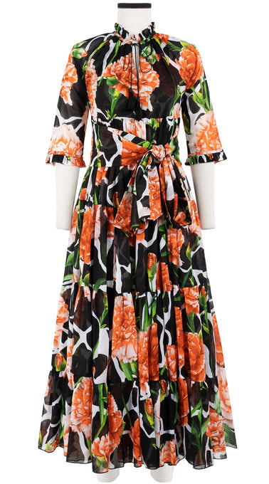 Eden Dress Crew Neck 3/4 Sleeve with Hamilton Belt Maxi Length Cotton Musola (Carnation Giraffe)