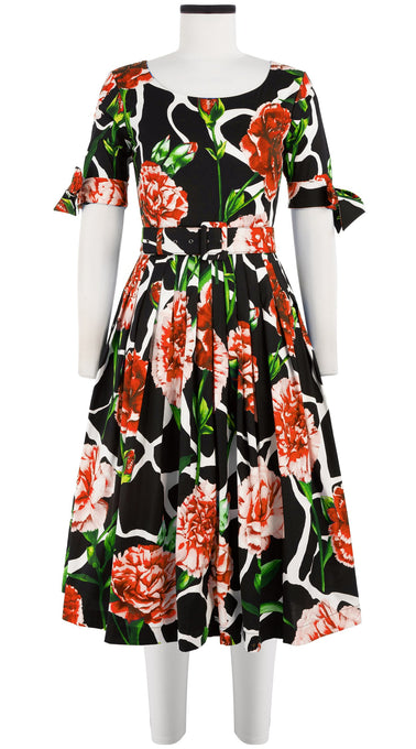 Florance Dress #2 Boat Neck 1/2 Tie Sleeve Long Length Cotton Stretch (Carnation Giraffe)
