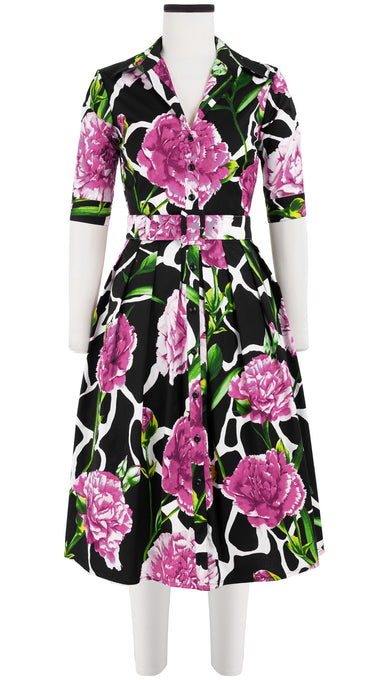 Audrey Dress #1 Shirt Collar 1/2 Sleeve Long Length Cotton Stretch (Carnation Giraffe)