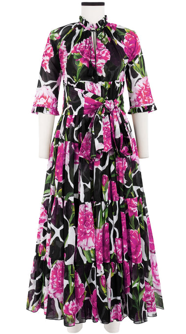 Eden Dress Crew Neck 3/4 Sleeve with Hamilton Belt Maxi Length Cotton Musola (Carnation Giraffe)