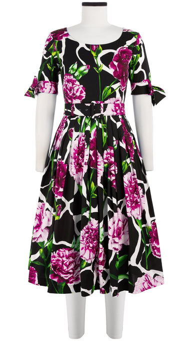 Florance Dress #2 Boat Neck 1/2 Tie Sleeve Long Length Cotton Stretch (Carnation Giraffe)