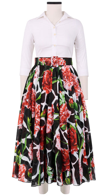 Aster Skirt #1 with Belt Midi Length Cotton Musola (Carnation Giraffe)