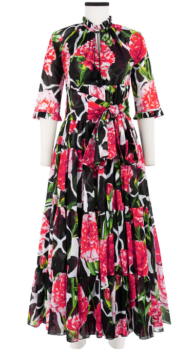 Eden Dress Crew Neck 3/4 Sleeve with Hamilton Belt Maxi Length Cotton Musola (Carnation Giraffe)