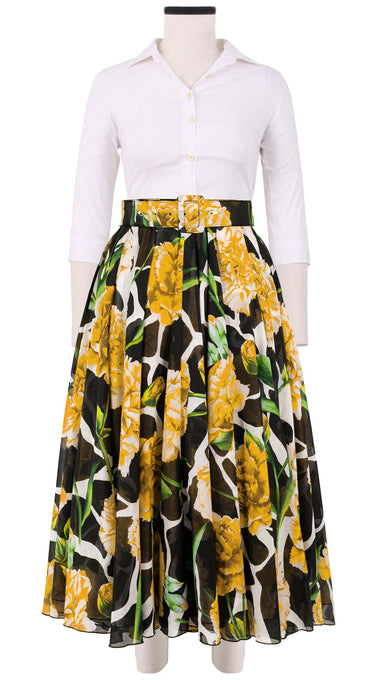 Aster Skirt #1 with Belt Midi Length Cotton Musola (Carnation Giraffe)