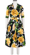 Audrey Dress #1 Shirt Collar 1/2 Sleeve Long Length Cotton Stretch (Carnation Giraffe)
