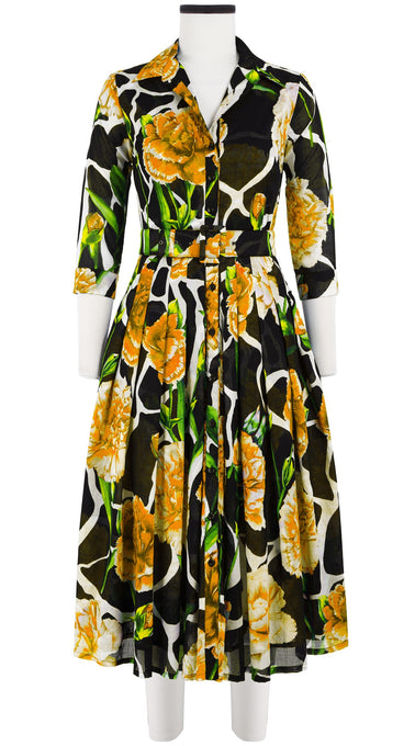 Audrey Dress #4 Shirt Collar 3/4 Sleeve Midi Length Cotton Musola (Carnation Giraffe)