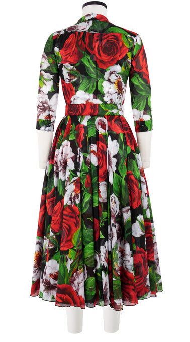 Aster Dress Shirt Collar 3/4 Sleeve Midi Length Cotton Musola (Casanova Rose All Over Bright)