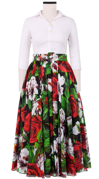 Aster Skirt #1 with Belt Midi Length Cotton Musola (Casanova Rose All Over Bright)