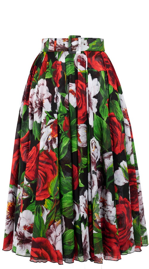 Aster Skirt #1 with Belt Midi Length Cotton Musola (Casanova Rose All Over Bright)