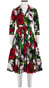 Audrey Dress #4 Shirt Collar 3/4 Sleeve Long Length Cotton Stretch (Casanova Rose All Over Bright)
