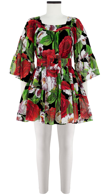 Cozette Dress Square Neck 3/4 Sleeve with Hamilton Belt Mini Length Cotton Musola (Casanova Rose All Over Bright)