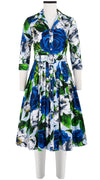 Audrey Dress #2 Shirt Collar 3/4 Sleeve Long Length Cotton Stretch (Casanova Rose All Over Bright)