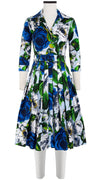 Audrey Dress #4 Shirt Collar 3/4 Sleeve Long Length Cotton Stretch (Casanova Rose All Over Bright)