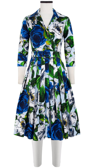 Audrey Dress #4 Shirt Collar 3/4 Sleeve Long Length Cotton Stretch (Casanova Rose All Over Bright)
