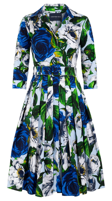 Audrey Dress #4 Shirt Collar 3/4 Sleeve Long Length Cotton Stretch (Casanova Rose All Over Bright)