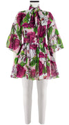 Cozette Dress Square Neck 3/4 Sleeve with Hamilton Belt Mini Length Cotton Musola (Casanova Rose All Over Bright)