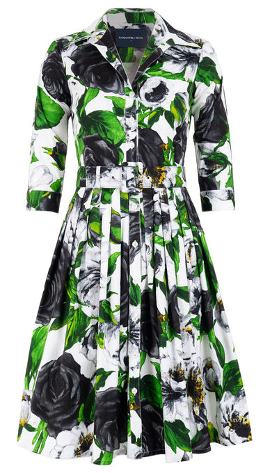 Audrey Dress #2 Shirt Collar 3/4 Sleeve Cotton Stretch (Casanova Rose All Over Bright)