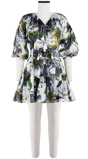 Birdy Dress Crew Neck Slit 3/4 Puff Sleeve with Hamilton Belt Mini Length Cotton Musola (Casanova Rose All Over Bright)
