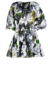 Birdy Dress Crew Neck Slit 3/4 Puff Sleeve with Hamilton Belt Mini Length Cotton Musola (Casanova Rose All Over Bright)